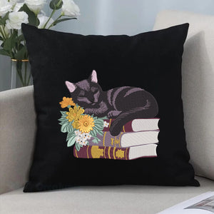 Cat Books Embroidery Design Black Reading Stitch