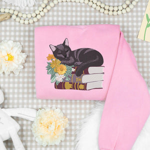 Cat Books Embroidery Design Black Reading Stitch