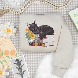 Cat Books Embroidery Design Black Reading Stitch