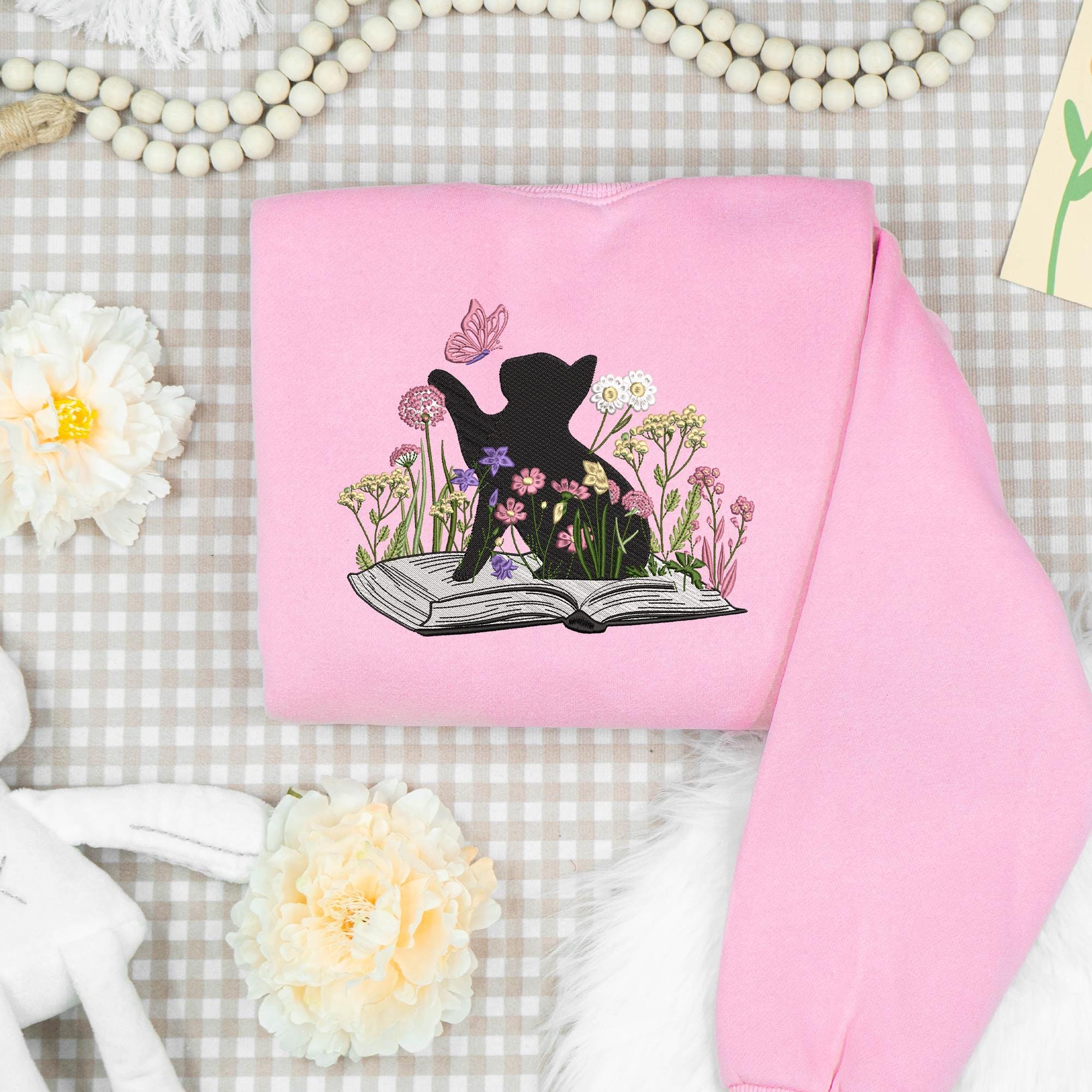 Black Cat Embroidery Design Book Lover Wildflower Stitch File