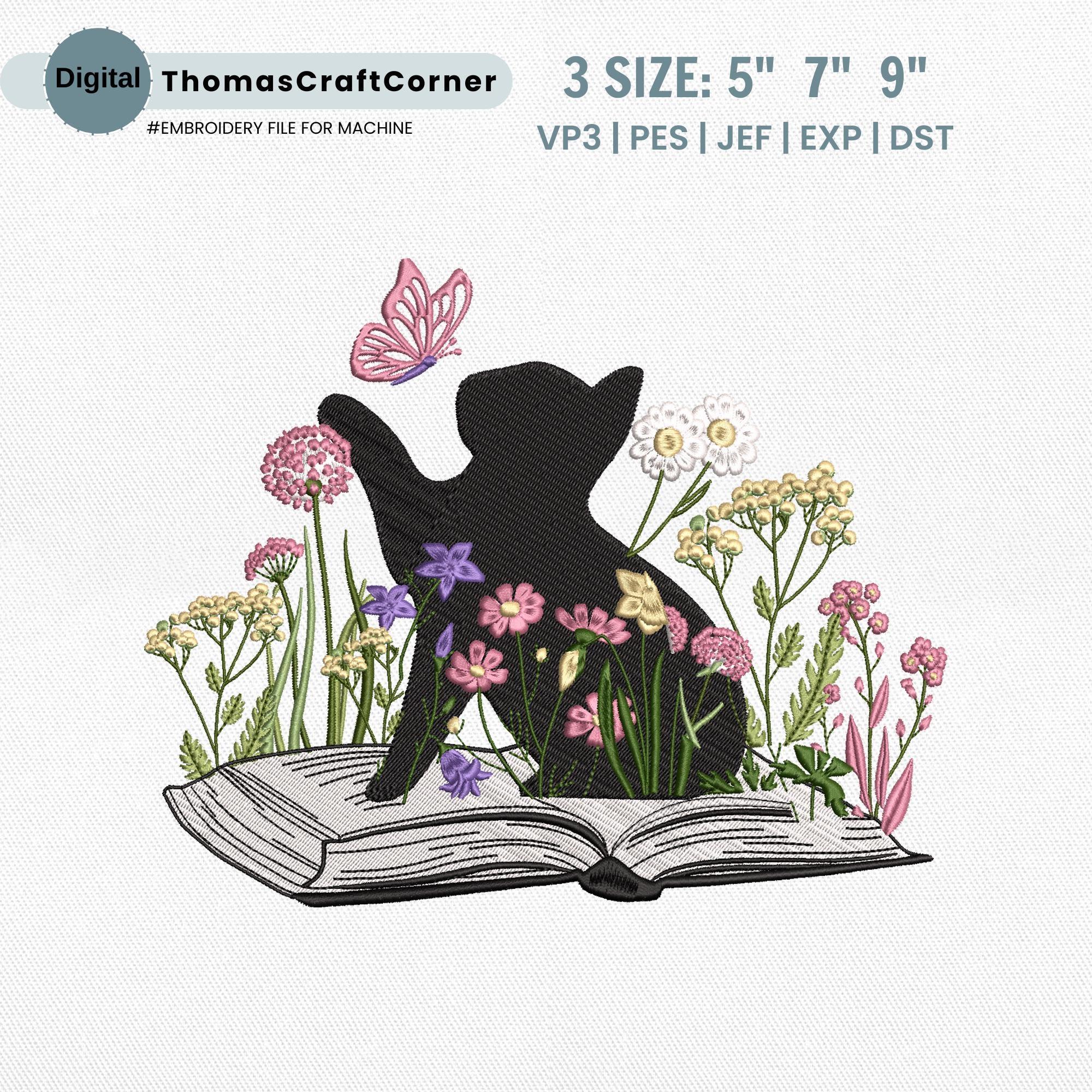 Black Cat Embroidery Design Book Lover Wildflower Stitch File