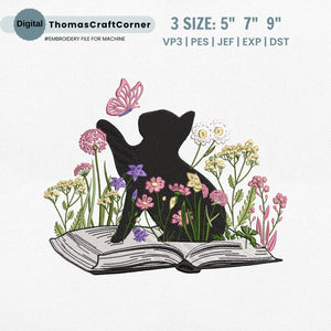 Black Cat Embroidery Design Book Lover Wildflower Stitch File