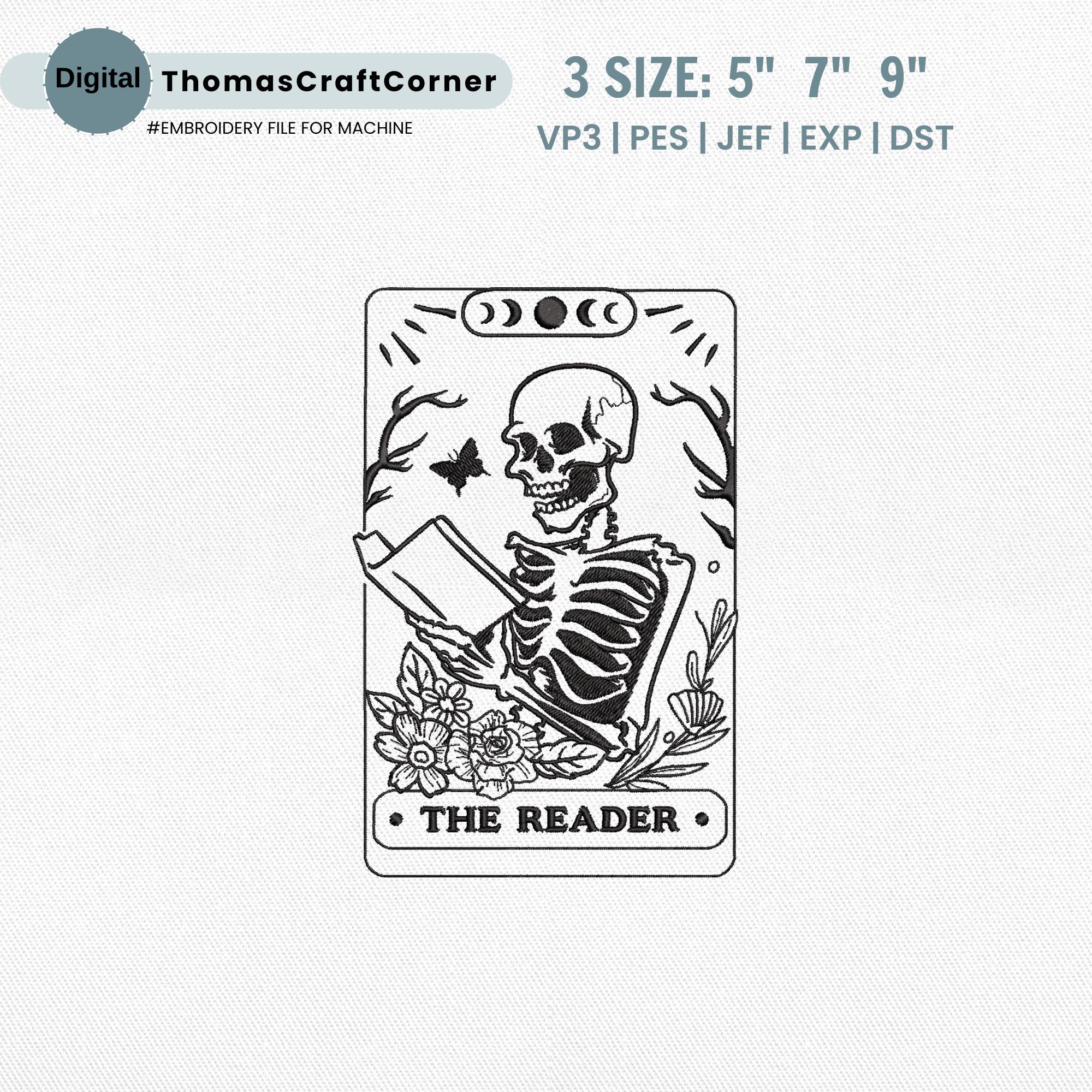 Reader Tarot Embroidery Design Skeleton Bookish Stitch