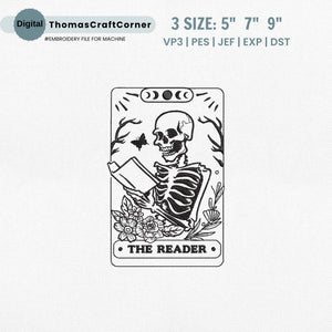 Reader Tarot Embroidery Design Skeleton Bookish Stitch