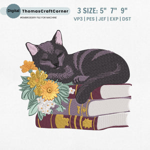 Cat Books Embroidery Design Black Reading Stitch