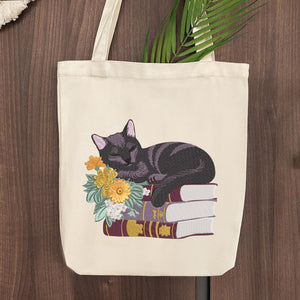 Cat Books Embroidery Design Black Reading Stitch