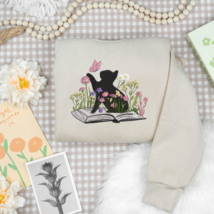 Black Cat Embroidery Design Book Lover Wildflower Stitch File