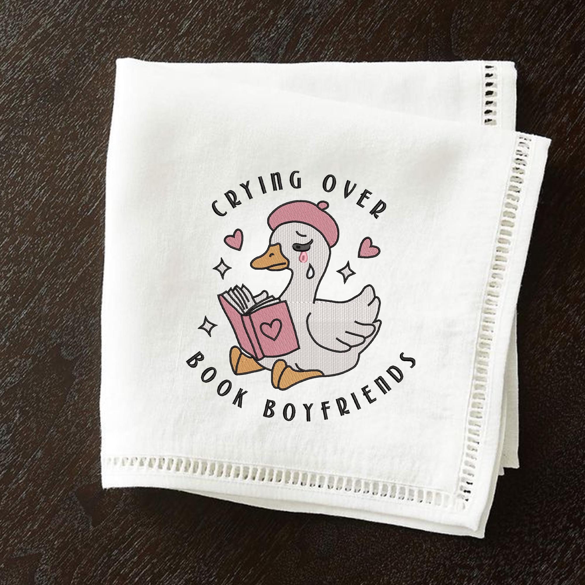 Crying Over Book Boyfriends Goose Embroidery Design, Trendy Cute Goose Machine Embroidery File, Retro Groovy File, Fictional Boyfriend