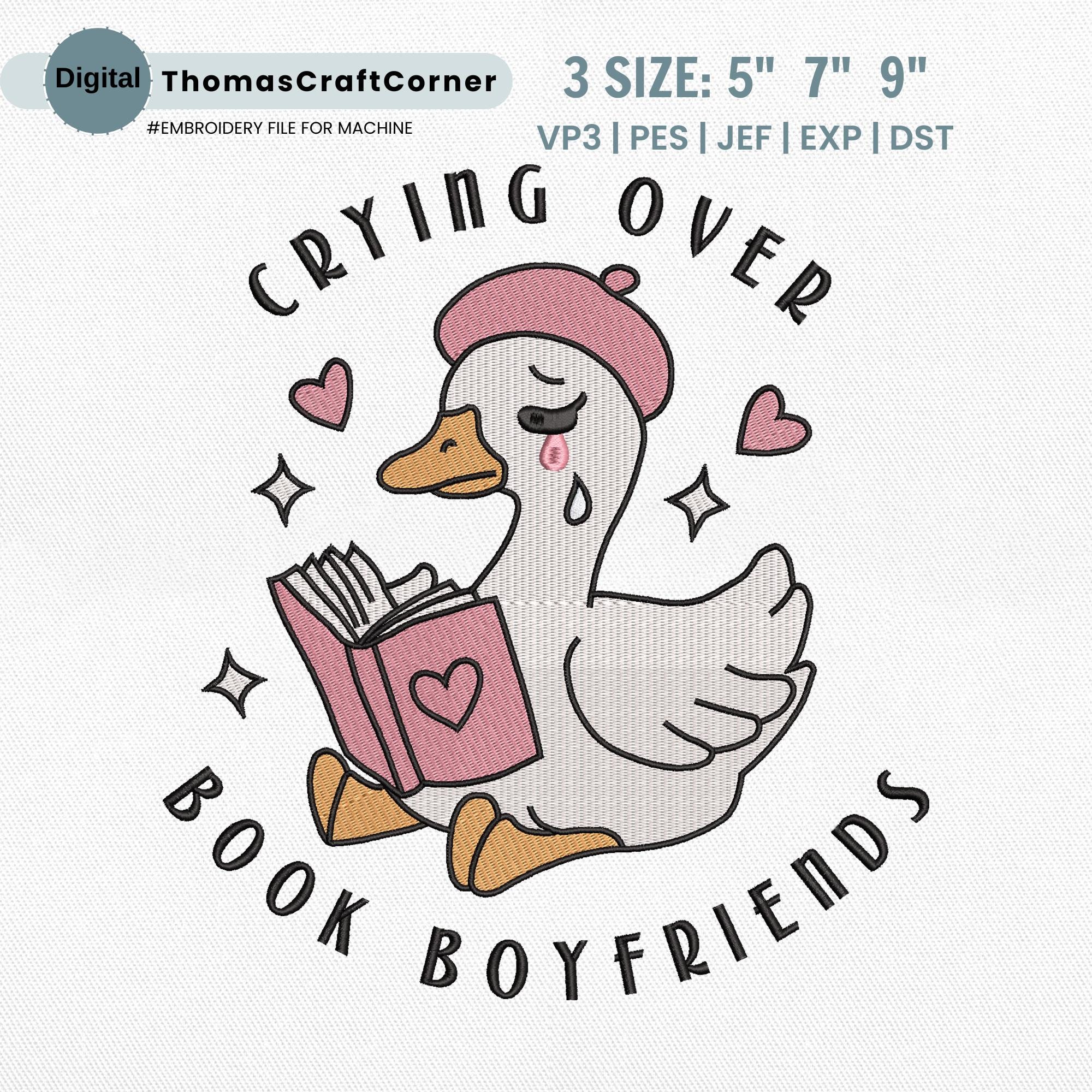Crying Over Book Boyfriends Goose Embroidery Design, Trendy Cute Goose Machine Embroidery File, Retro Groovy File, Fictional Boyfriend
