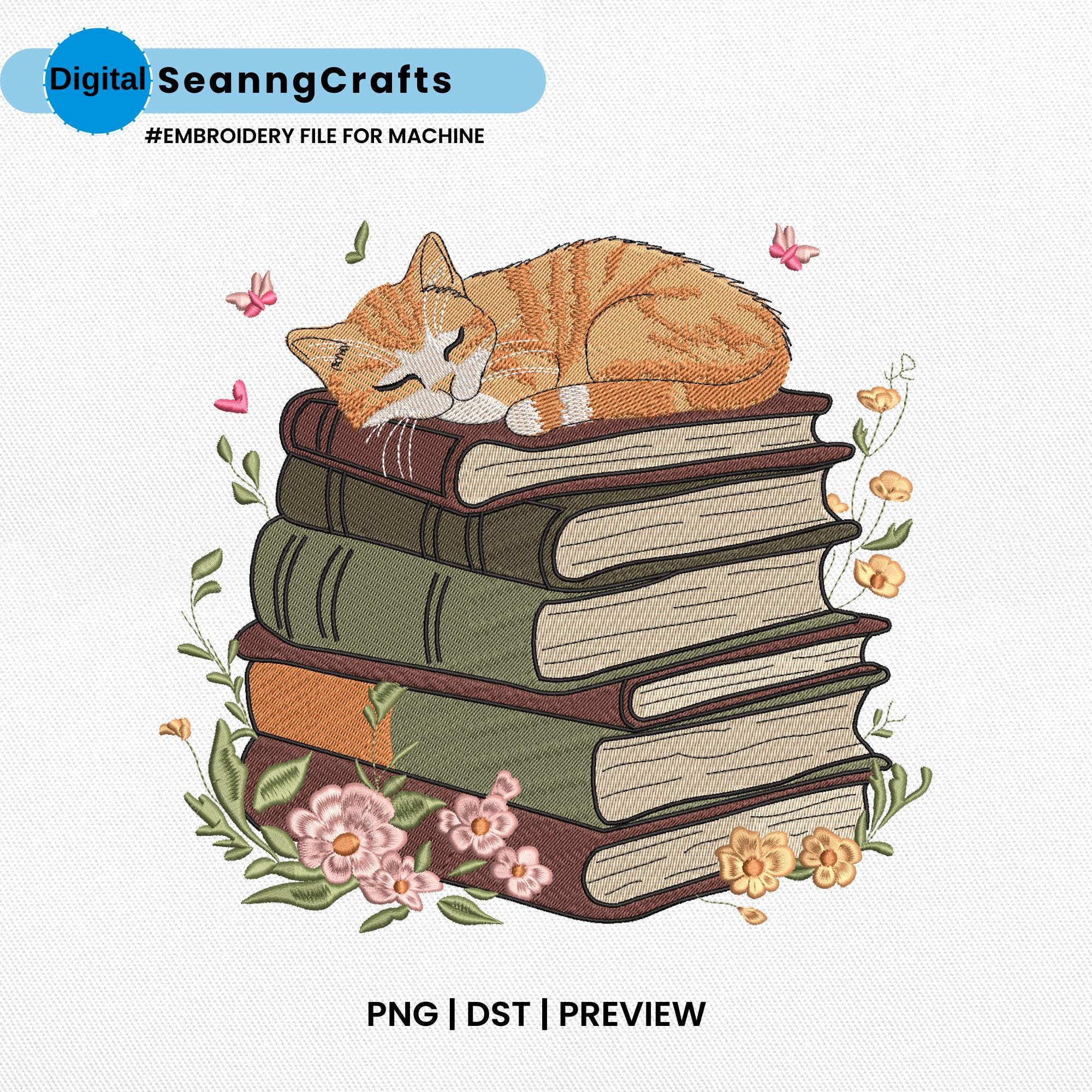 Cat Sleep on Books Embroidery Design, Orange Cat Reading Machine Embroidery File, Book Lover Stitch, Funny Cat, Digital Instant Download