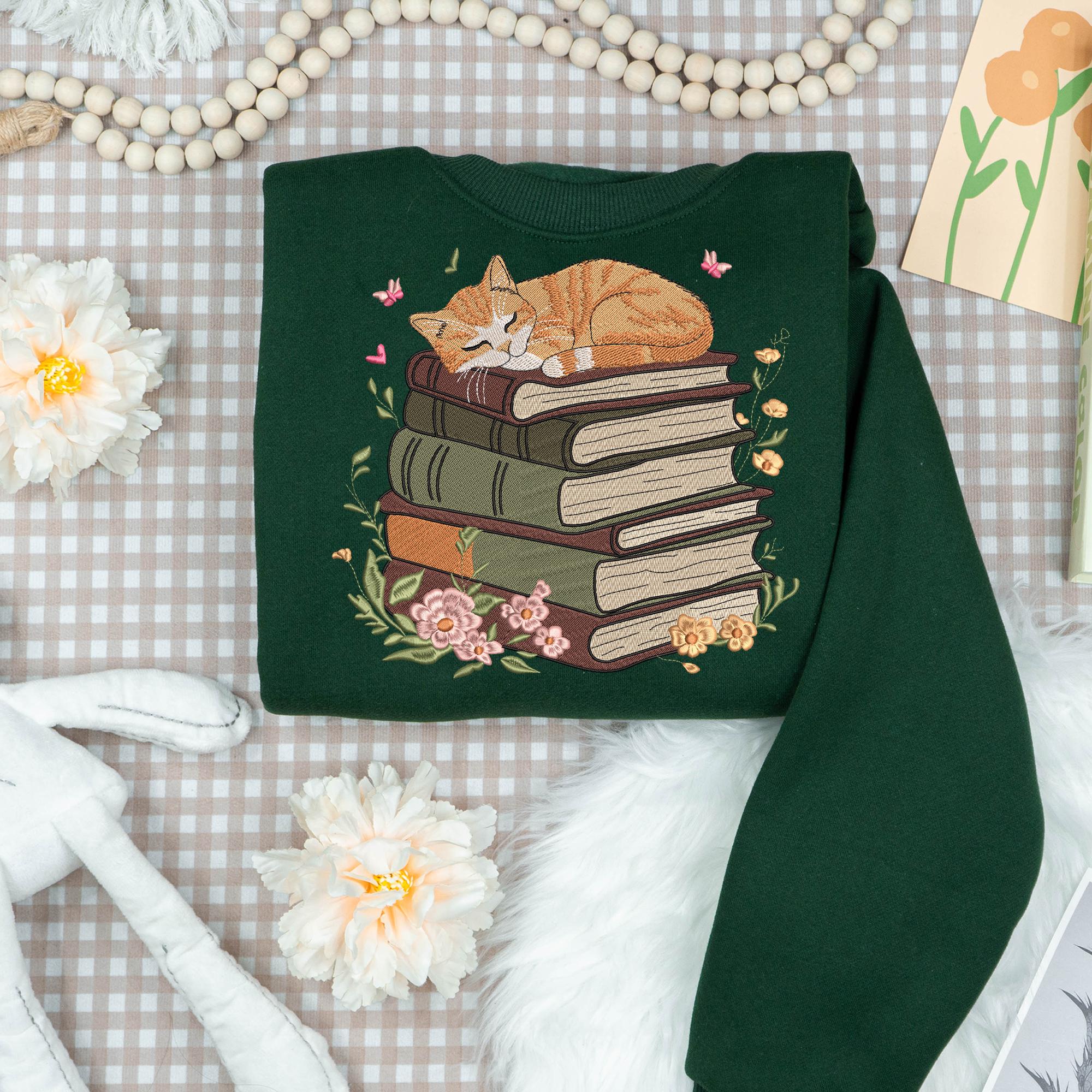 Cat Sleep on Books Embroidery Design, Orange Cat Reading Machine Embroidery File, Book Lover Stitch, Funny Cat, Digital Instant Download