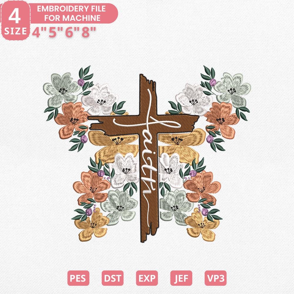 Christian Floral Cross Embroidery Design - PES, DST, JEF Files - ThredViora