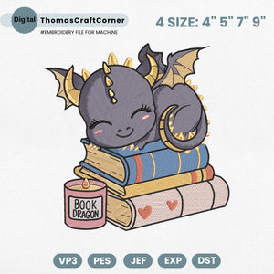 Dragon Reading Embroidery Design Fantasy Books