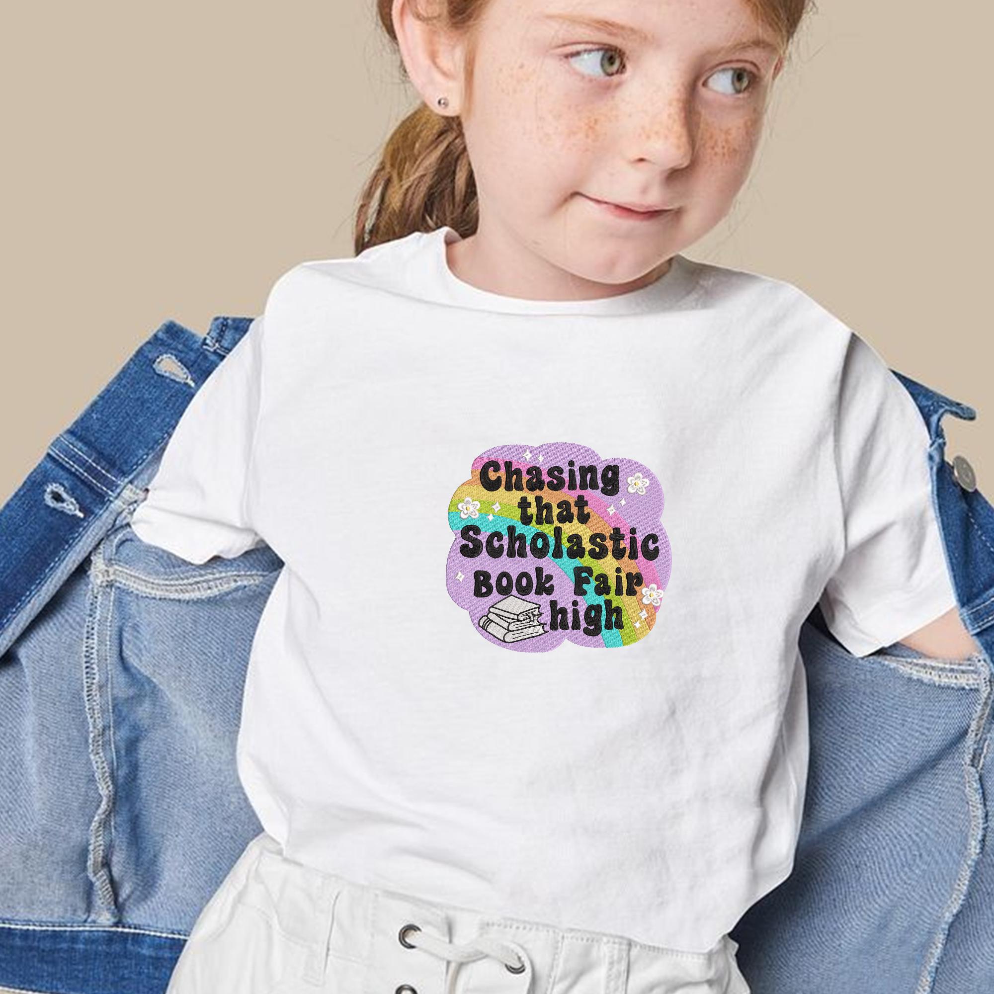 Chasing That Scholastic Book Fair High Embroidery Design, Nostalgic Book Lover Embroidery Design, Rainbow Reading Machine Embroidery File