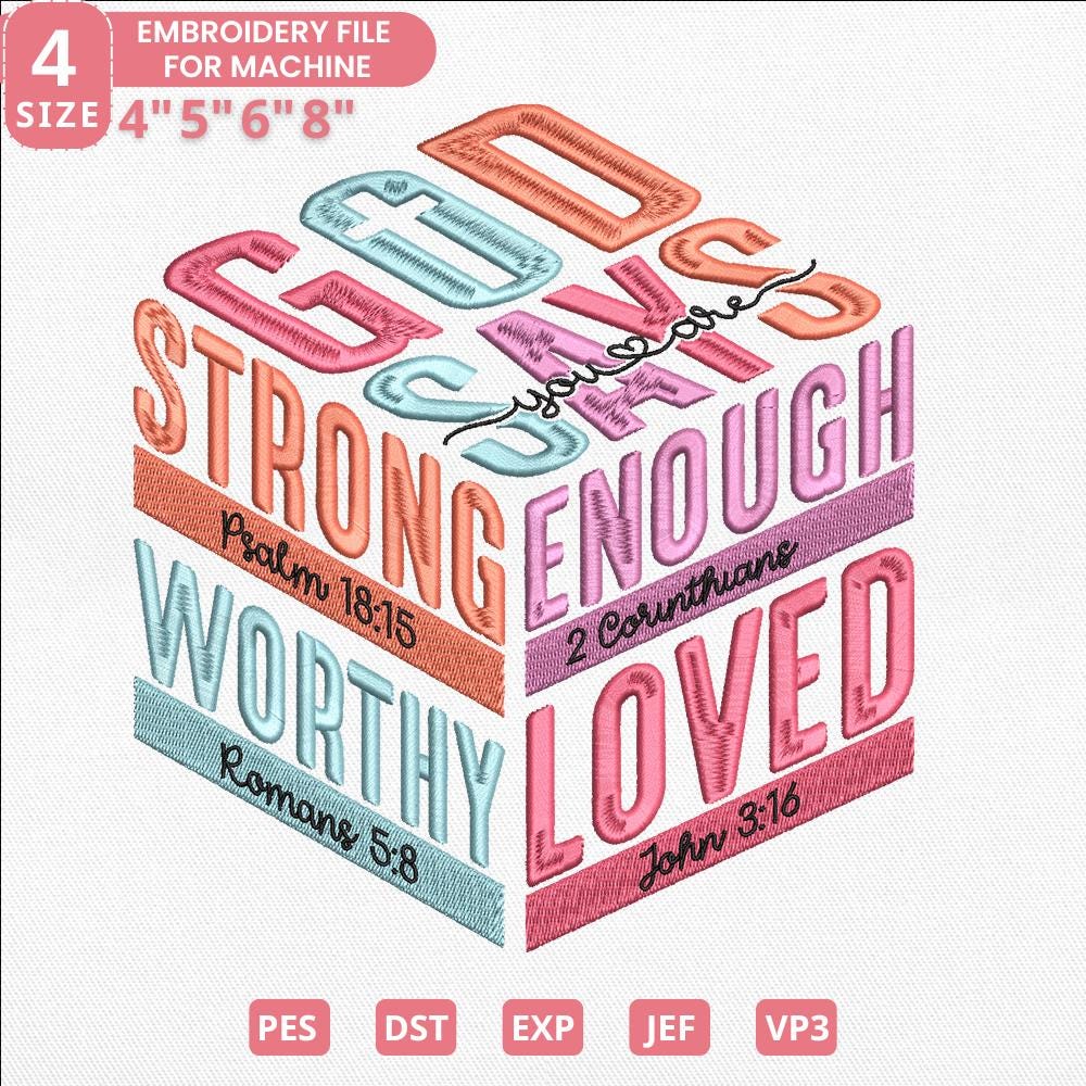 Faith Embroidery Design - Strong Worthy Loved (PES, DST) - ThredViora