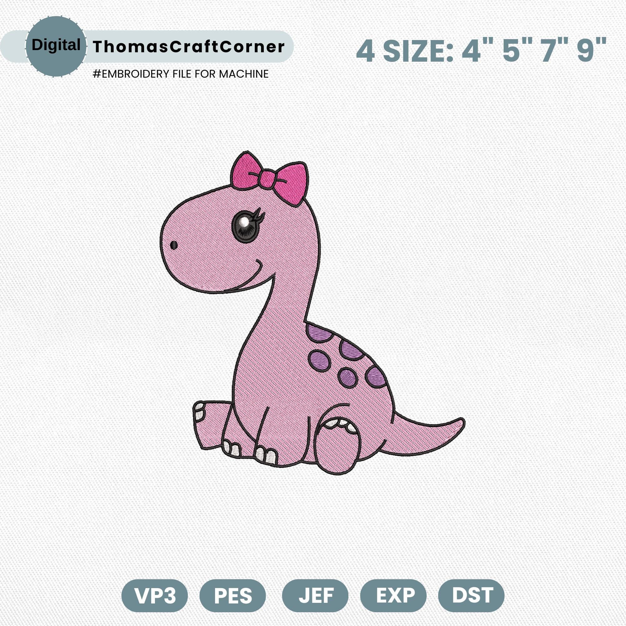 Cute Dinosaur Embroidery Design, Pink Baby Dino With Bow Cartoon Animal File For Kids Machine Embroidery, Instant Download, PES DST VP3 File