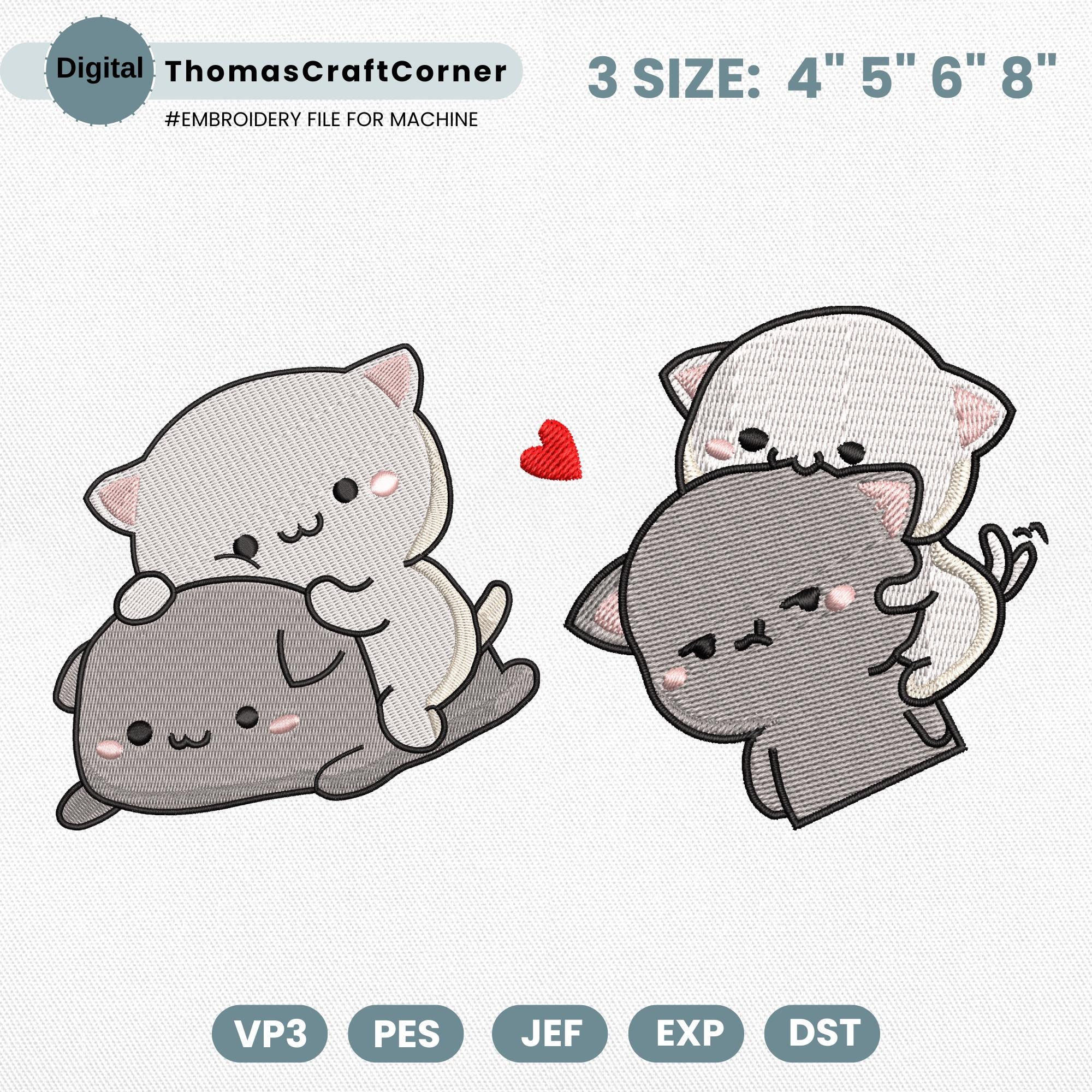 Cat Couple Embroidery Design Kawaii Kitty Cuddling