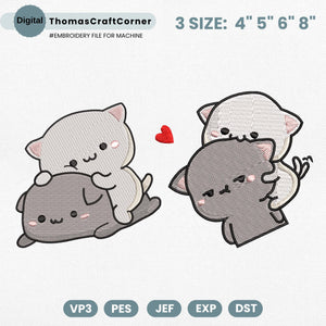 Cat Couple Embroidery Design Kawaii Kitty Cuddling