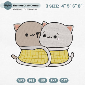 Kawaii Cat Couple Embroidery Design Machine File