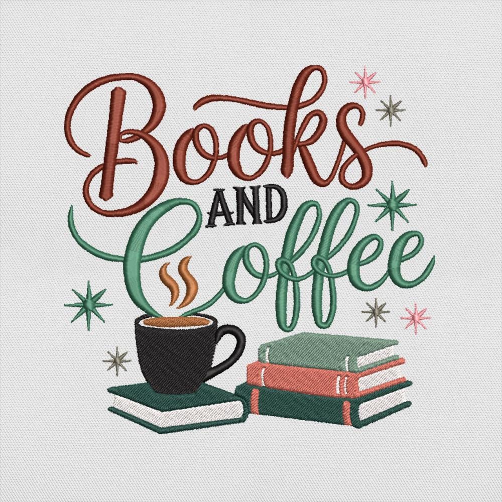 Bookaholic Coffee Embroidery Pattern Download PES DST JEF