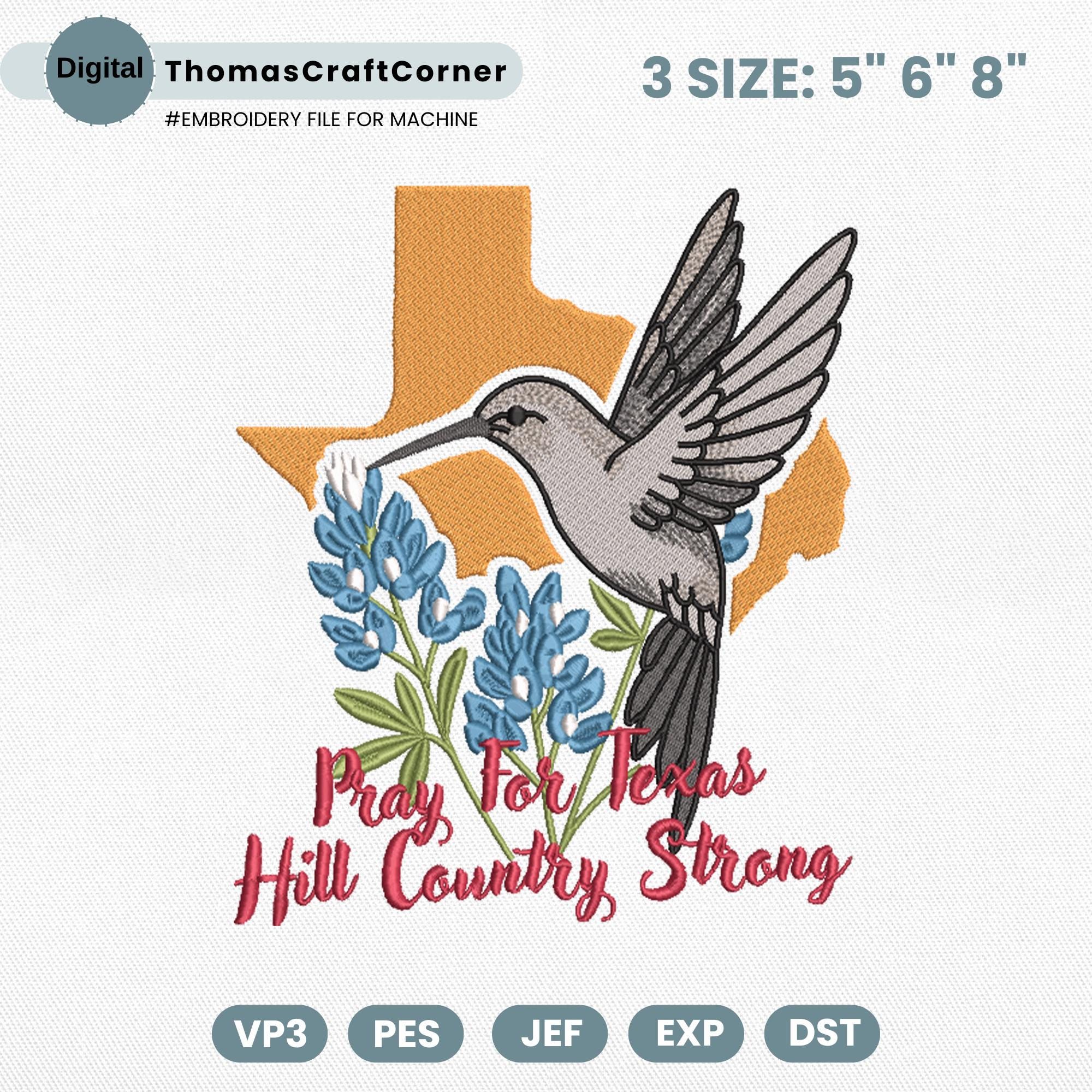 Texas Strong Hill Country Embroidery Design Bluebonnet Mockingbird