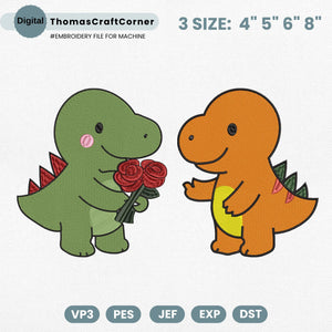 Dinosaur Couple Embroidery Design Romantic Dino