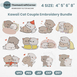 Kawaii Cat Couple Embroidery Pattern Machine File