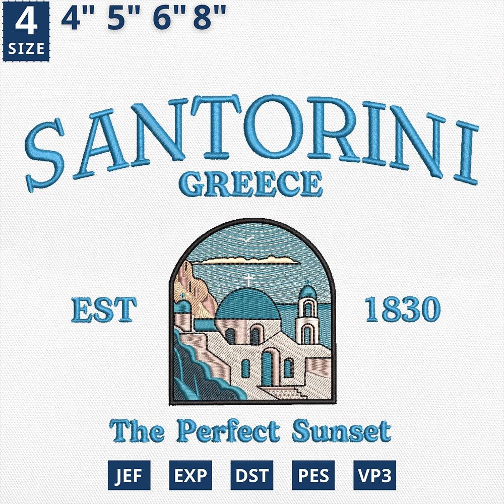 Santorini Greece Embroidery Design Blue Dome Mediterranean