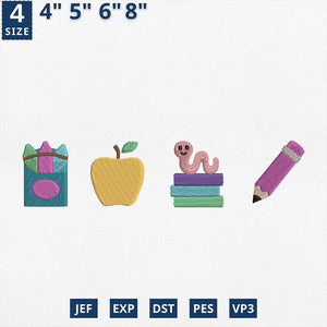 Back School Embroidery Design Apple Pencil Worm Book