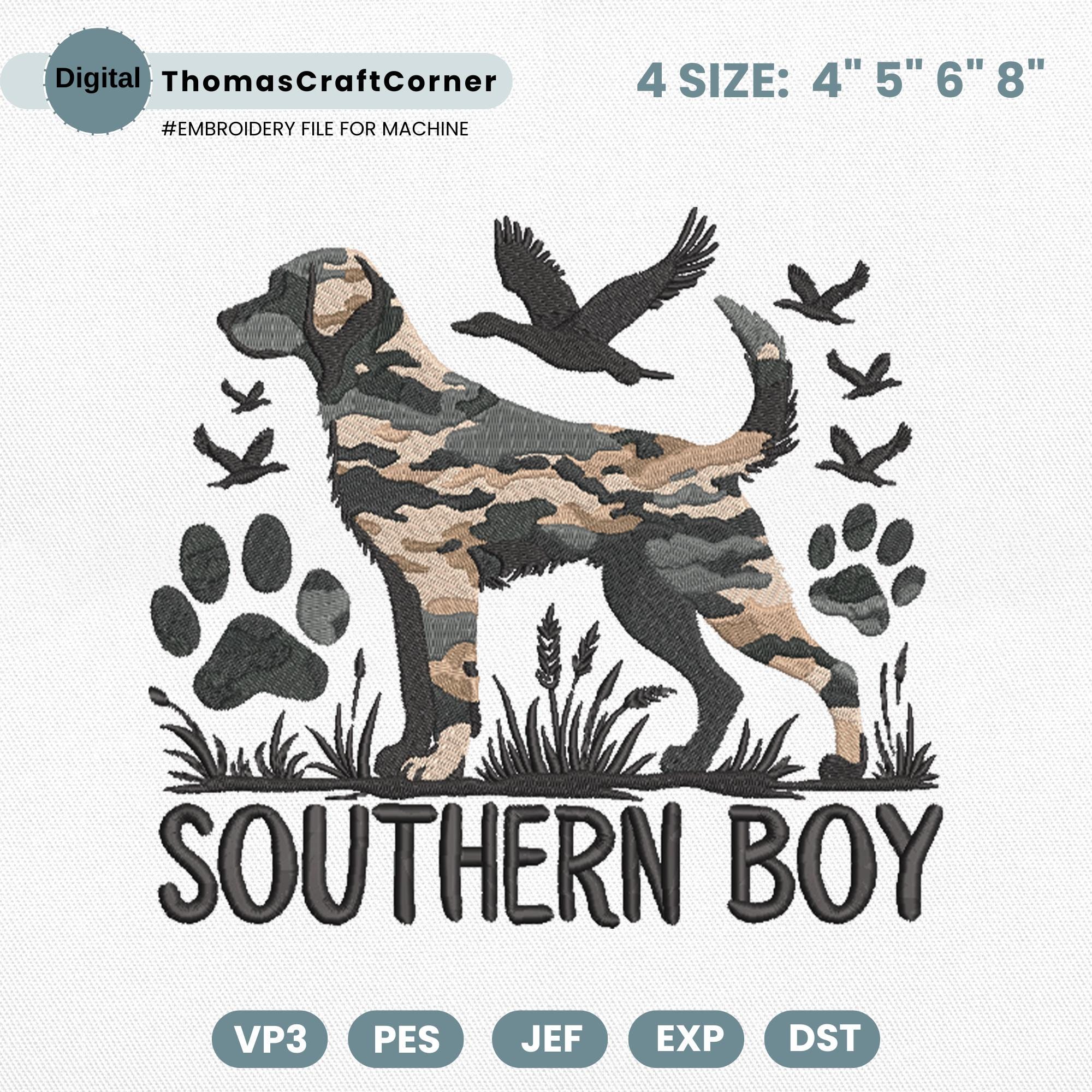 Southern Boy Embroidery Design Hunting Dog Camouflage Duck