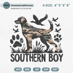 Southern Boy Embroidery Design Hunting Dog Camouflage Duck