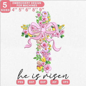 He Is Risen Floral Cross Embroidery Design PES DST EXP - ThredViora