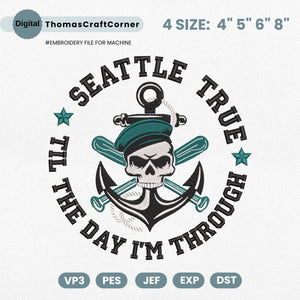 Seattle Baseball Skull Embroidery Design Pattern