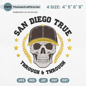 San Diego Baseball Skull Embroidery Design