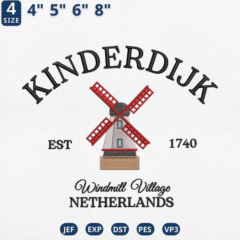 Kinderdijk Netherlands Windmill Village Embroidery Design