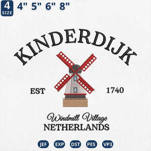 Kinderdijk Netherlands Windmill Village Embroidery Design