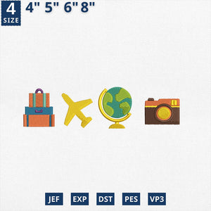 Travel Icons Embroidery Design Suitcase Airplane Globe Camera