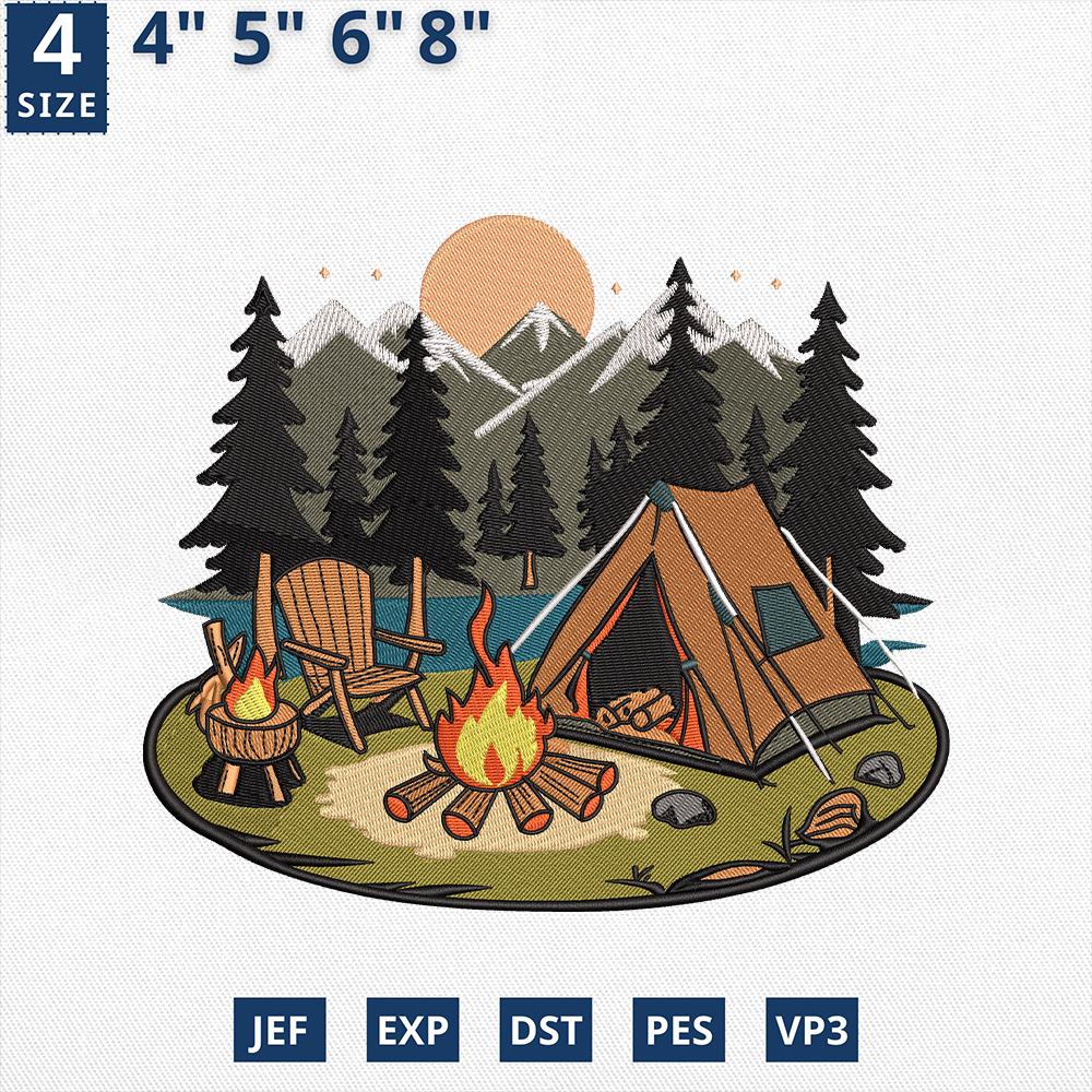 Camping Scene Embroidery Design Family Adventure Summer