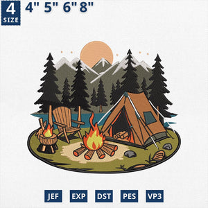Camping Scene Embroidery Design Family Adventure Summer