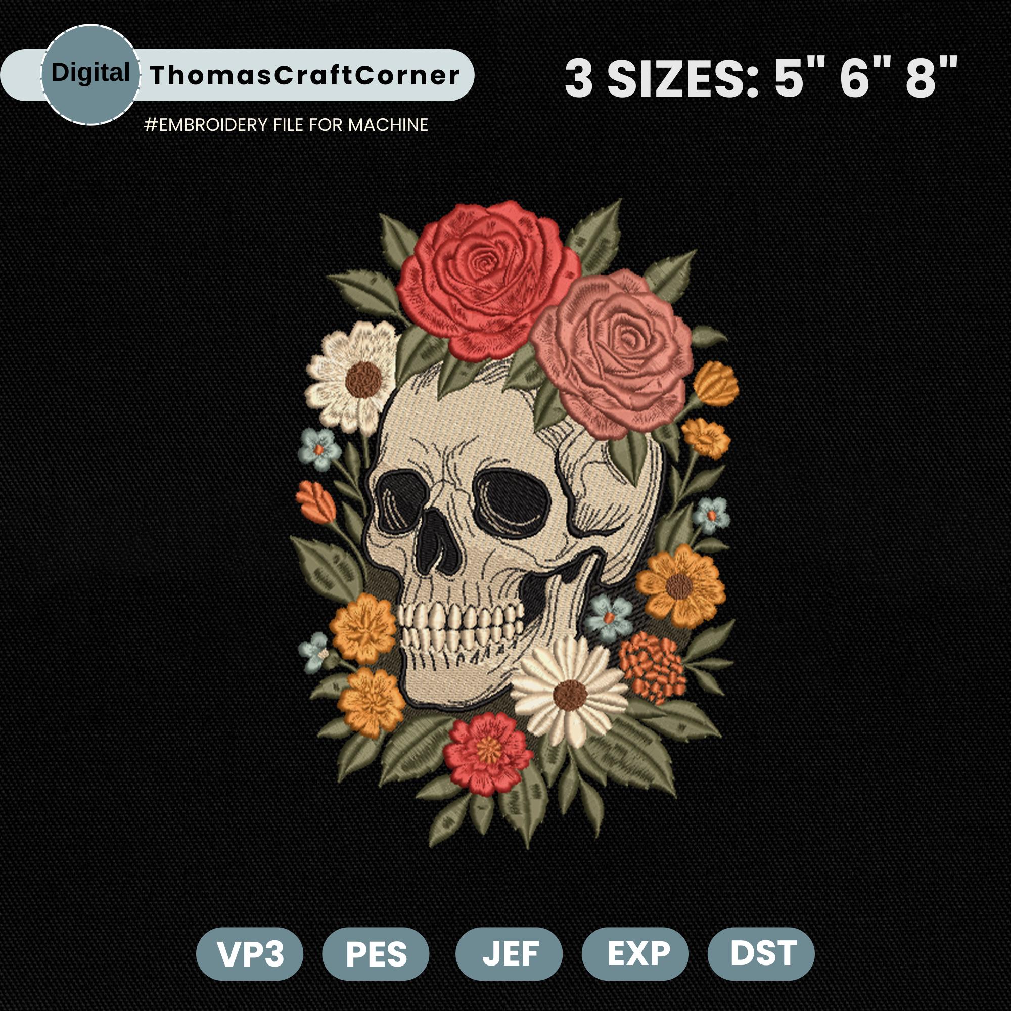 Floral Skull Embroidery Design Halloween Skeleton Flower Spooky