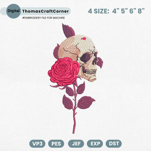 Skull Embroidery Design Halloween Skeleton Roses
