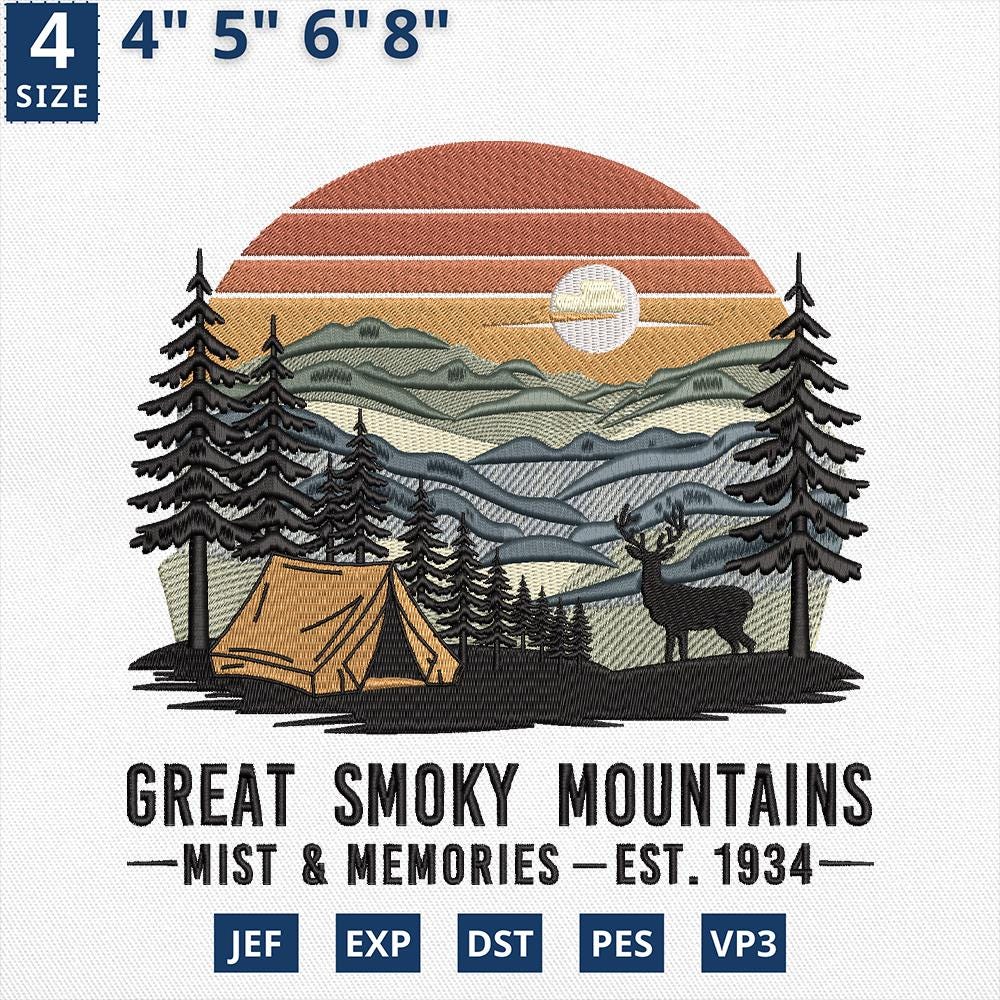 Great Smoky Mountains Embroidery Design Camping Scene Tent Deer