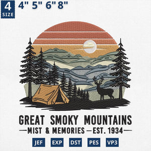 Great Smoky Mountains Embroidery Design Camping Scene Tent Deer