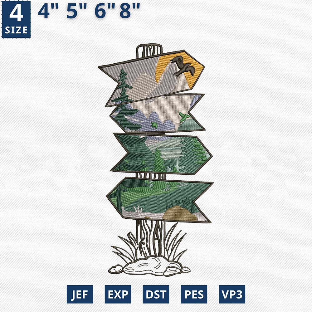 Mountain Forest Direction Sign Embroidery Design Adventure Camping