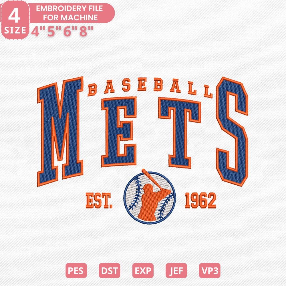 Vintage New York Baseball Team Embroidery Design, Retro Mets Baseball Machine Embroidery File Instant Download, 4 Sizes, Pes Dst Jef Exp Vp3