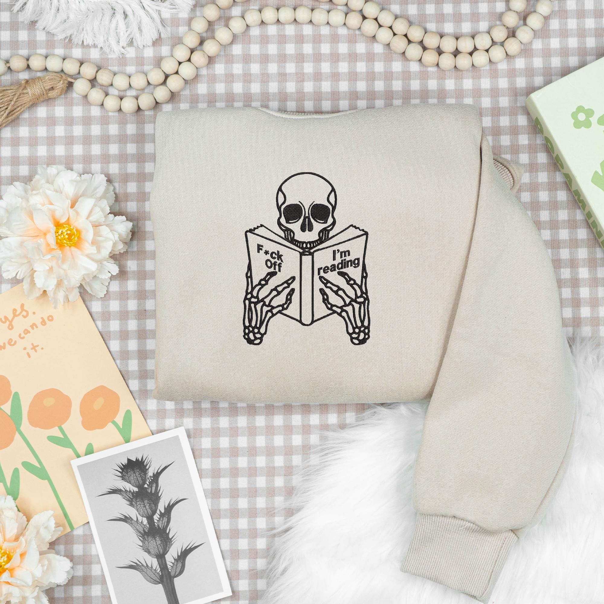Embroidery Design Skeleton Reading Bookish Tarot Stitch
