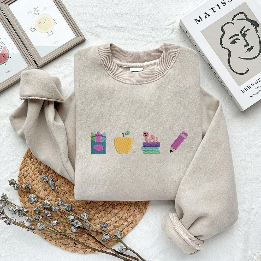 Back School Embroidery Design Apple Pencil Worm Book